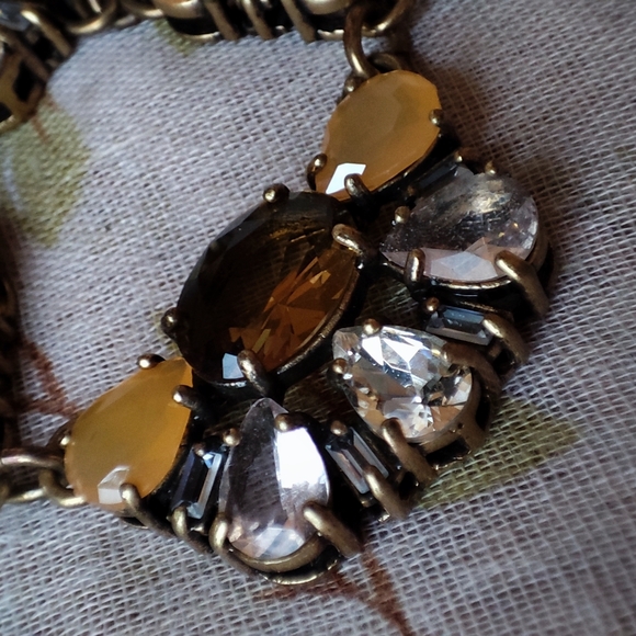 J. Crew Statement Necklace Topaz Honey Clear Stones Oxidized Brass 10 Medallions - Picture 7 of 14